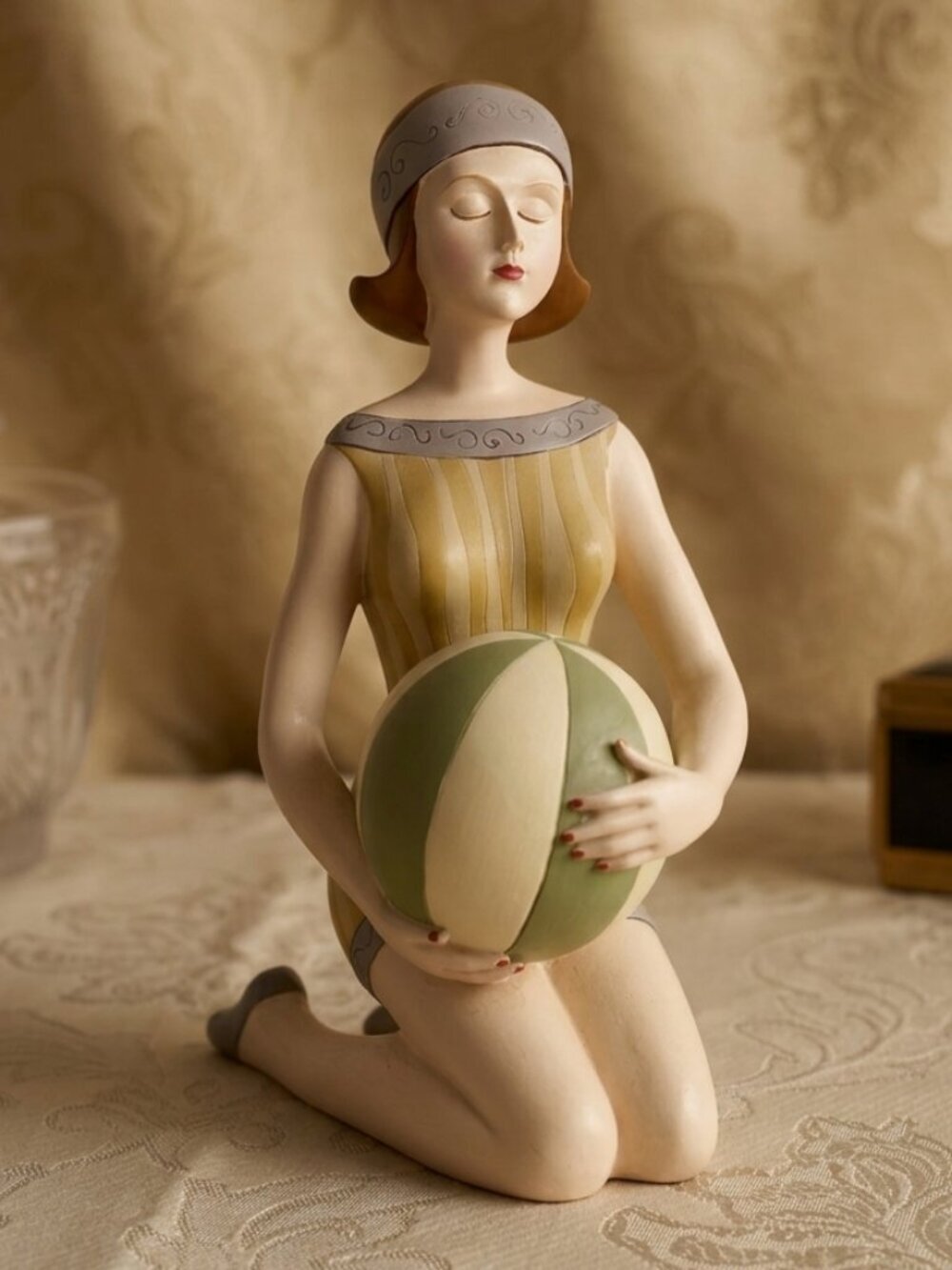 Vintage Art Deco Style Bathing Beauty Figurine Kneeling Girl with Beach Ball​